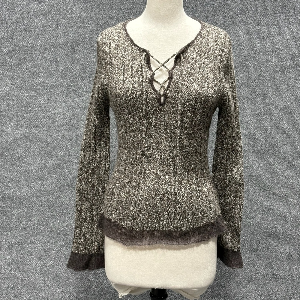 BCBG For Nordstrom Sweater Womens Small Brown Lace Up V Neck Bell Sleeve Knit